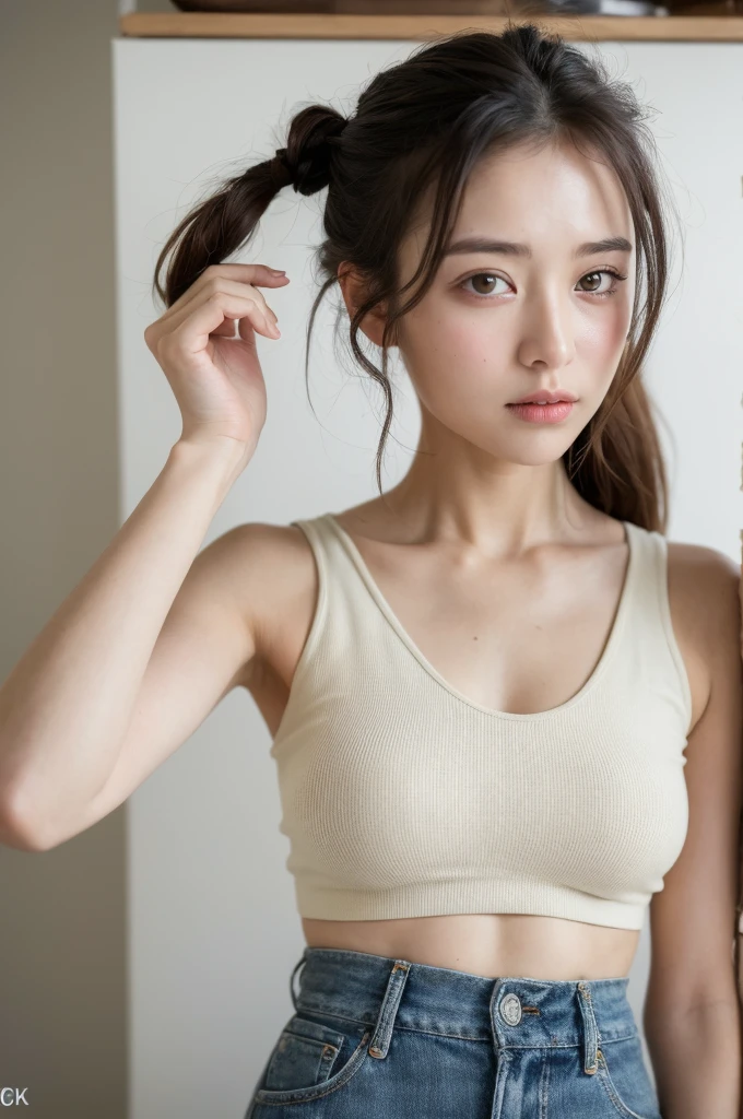 ((Highest quality, 8k, masterpiece :1.3)), One girl, Beautiful woman with slim abdominal muscles :1.3, (Random Hairstyles, Huge breasts :1.2), Casual clothing :1.2, indoor, Highly detailed face, Fine grain, double eyelid、Japanese women