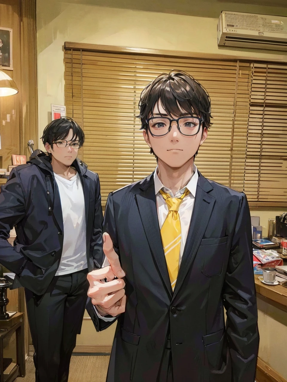 Make an image using only the man on the right in a drawing style for my YouTube gameplay channel profile picture. I want him to look more serious, but I want viewers to look at him and recognize him as the same person, so maintain the glasses.