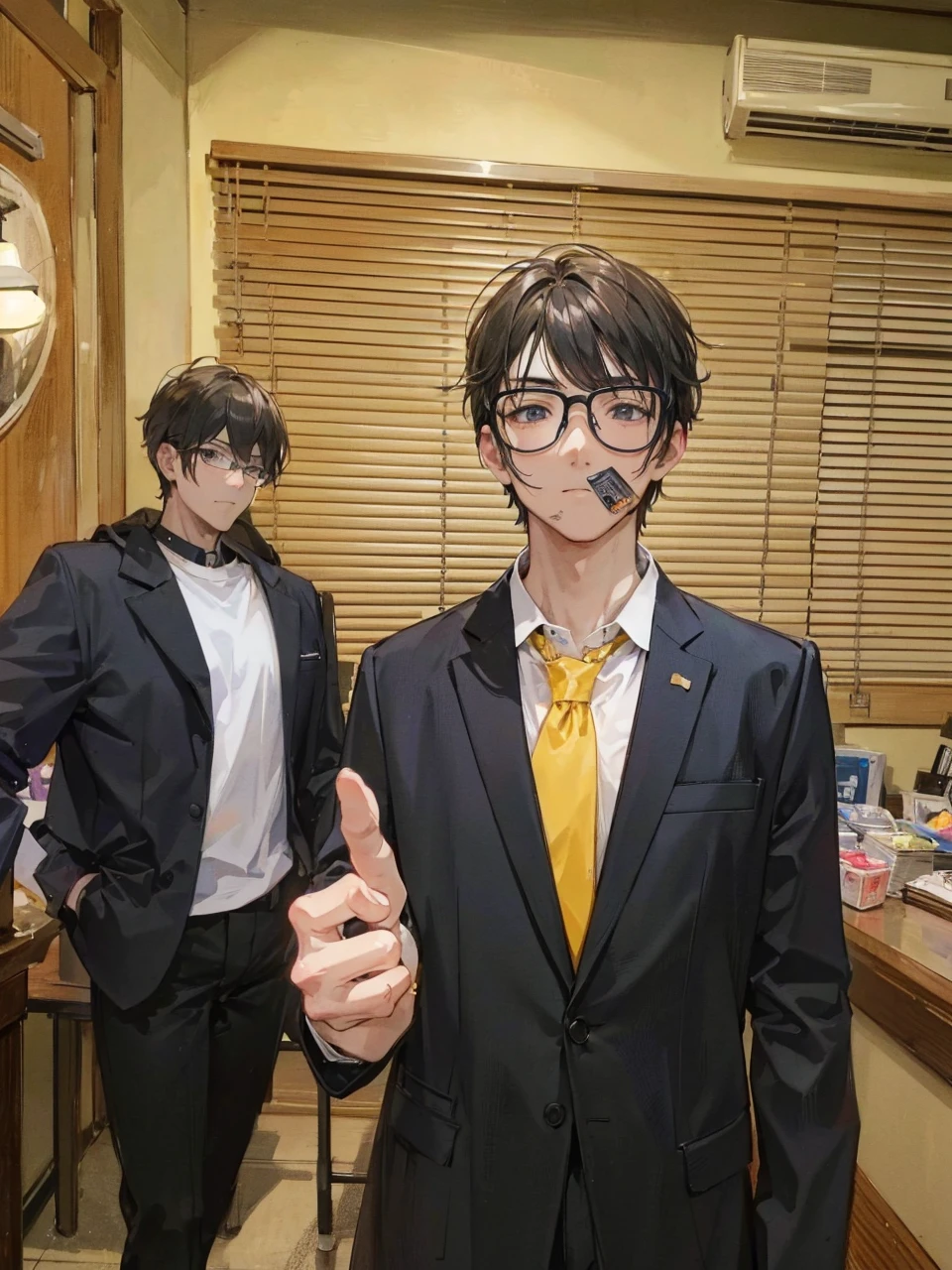 Make an image using only the man on the right in a drawing style for my YouTube gameplay channel profile picture. I want him to look more serious, but I want viewers to look at him and recognize him as the same person, so maintain the glasses.