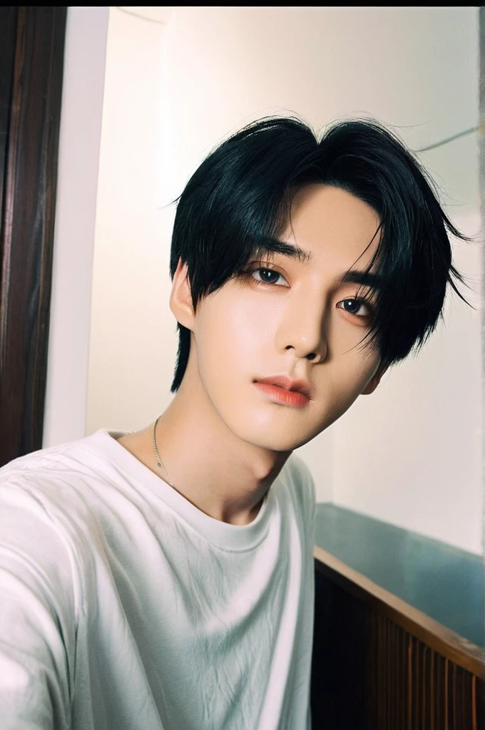 One boy, Young man with black hair (Mash Straight Hair),Male K-Pop Idols, Levi Ackerman, Medium portrait,chop, Beautiful Model, Oval Face, Vivid,Selfie,(In a dark room),The whole body is shown