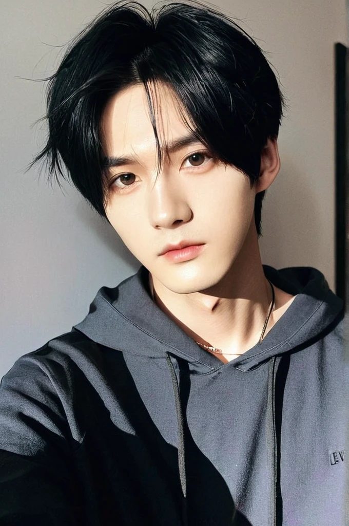 One boy, Young man with black hair (Mash Straight Hair),Male K-Pop Idols, Levi Ackerman, Medium portrait,chop, Beautiful Model, Oval Face, Vivid,Selfie,(In a dark room),The whole body is shown