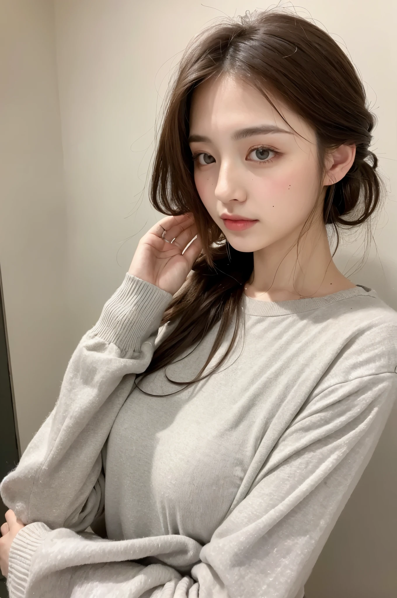 ((Highest quality, 8k, masterpiece :1.3)), One girl, Beautiful woman with slim abdominal muscles :1.3, (Random Hairstyles, Huge breasts :1.2), Casual clothing :1.2, indoor, Highly detailed face, Fine grain, double eyelid