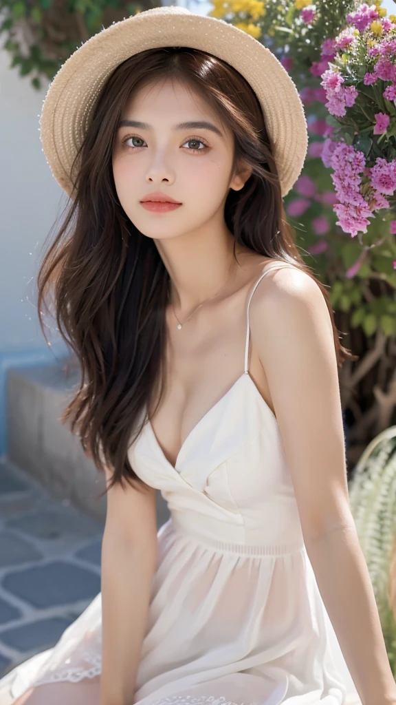 (Realistic), Obra maestra, La mejor calidad, ultra-high resolution, Foto de alto detalle, Unidad 8K Fondo de pantalla, CG extremadamente detallado:1.2), depth of field, bokeh, (Foto RAW:1.realistic photography:1.4), (1girl:1.5), joven, physically based representation, beautiful, (Cara finamente detallada:1.4, Ropa detallada), (Detallado:1.4) named (Eimi Fukada:1.1) BREAK Cara hermosa, Profundidad de campo, Agregar capa, hiperrealista, 27 years old, Modelo de cuerpo perfecto, senos perfectos, 175cm de altura, pose sexy, full body, cuerpo completo, Tipo de cuerpo del modelo, BREAK (extreme skin details:1.3), skin details, (white summer dress:1.3), doble parpado BREAK smile, Seductive pose, sitting, sitting outside, Santorini streets, outdoor, Mediterranean style, Santorini, (close shot:1.1), (Zoom Shot:1.3), flower on hair
