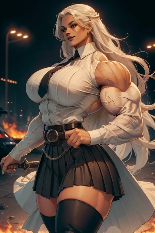 ((((Massive tall, beautiful, buff, light brown skinned muscular woman with white hair, black lipstick, ginormous bulky muscles, leaning on a wall crossed arms and wearing a white long sleeve pleated shirt with beautiful long asymmetrical skirt)))), (close view), (massive muscles), long straight hair, ((chained belt)), blue eyes, choker, ((white long sleeve pleated shirt and tie)), neck tie, ((beautiful long asymmetrical skirt)), belt, thigh high socks, black boots, (at a nightly Campus), closed smile, night, massive muscles