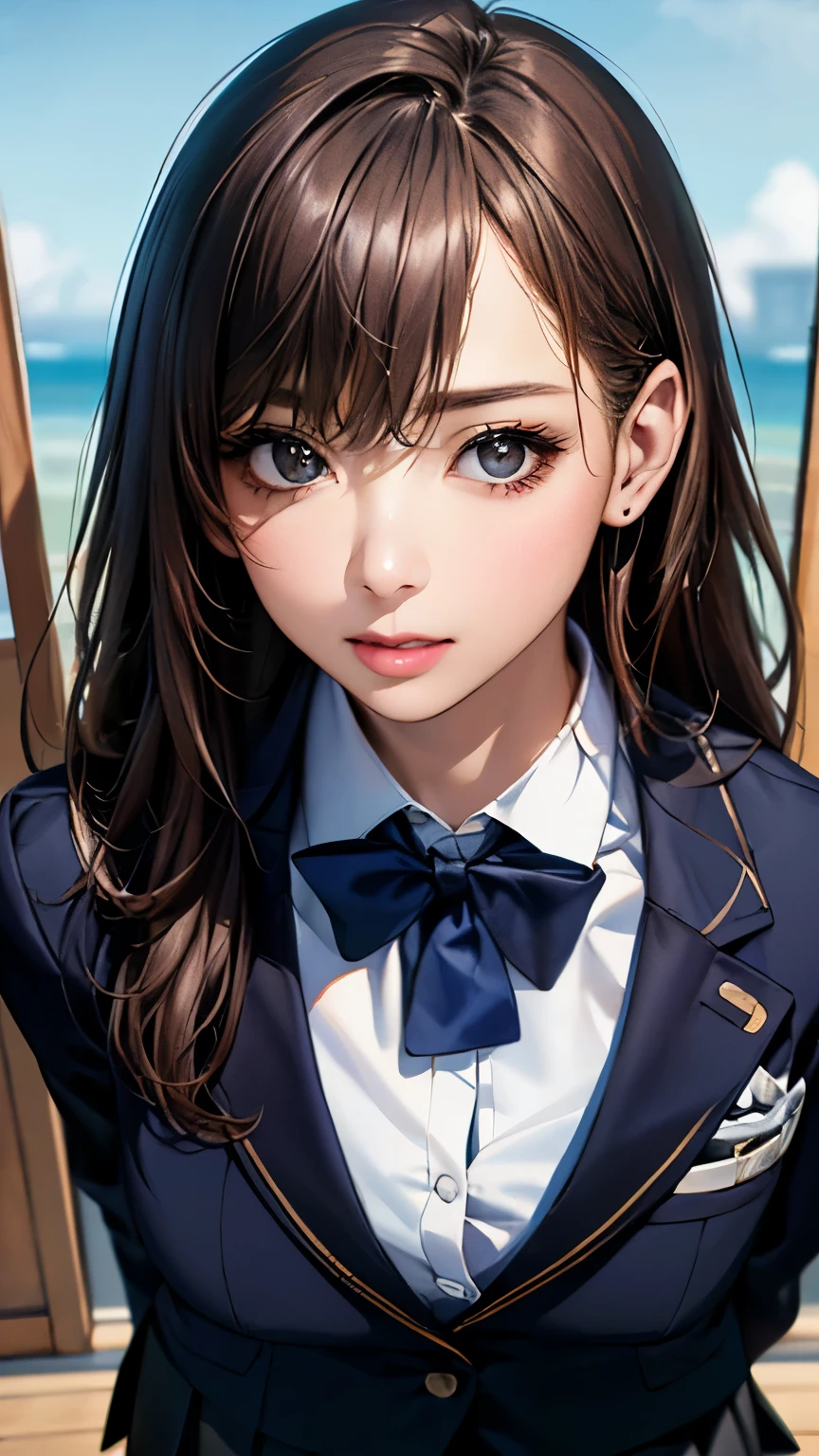 (hig彼st quality、8k、32k、masterpiece)、(Realistic)、(Realistic:1.2)、(High resolution)、Very detailed、Very beautiful face and eyes、1 girl、Delicate body、(hig彼st quality、Attention to detail、Rich skin detail)、(hig彼st quality、8k、Oil paints:1.2)、Very detailed、(Realistic、Realistic:1.37)、Bright colors、Full Body Shot, ((high school girl:1.6, Navy Blazer:1.6, Navy pleated mini skirt)), (Closed blazer, Grey bow tie, White collared shirt, Black thigh-high socks)