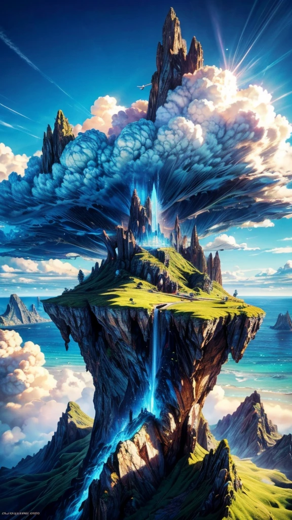 A mysterious island floating in the sky, people soaring around it, ultra-detailed, (best quality,4k,8k,highres,masterpiece:1.2),ultra-detailed,(realistic,photorealistic,photo-realistic:1.37),fantasy landscape,surreal,glowing island,floating islands,beautiful clouds,magical atmosphere,vibrant colors,dramatic lighting,dynamic poses,expressive characters,intricate details
