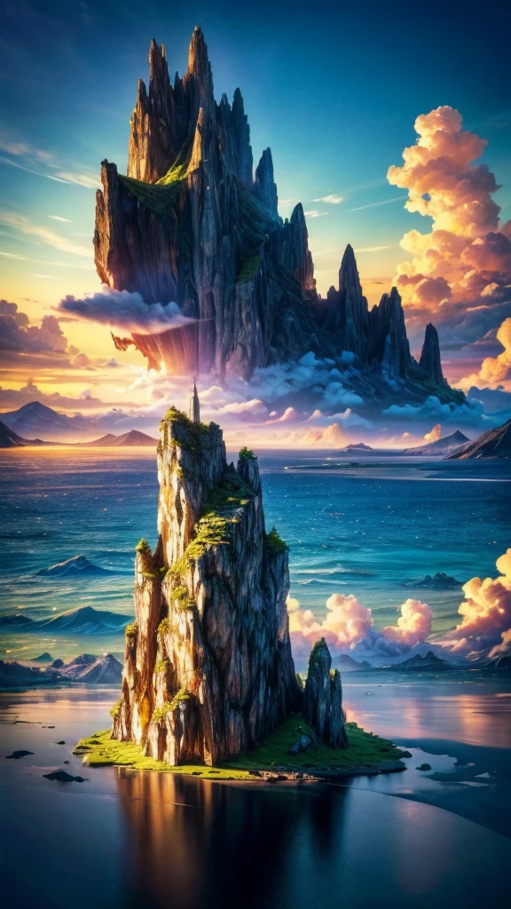 A mysterious island floating in the sky, people soaring around it, ultra-detailed, (best quality,4k,8k,highres,masterpiece:1.2),ultra-detailed,(realistic,photorealistic,photo-realistic:1.37),fantasy landscape,surreal,glowing island,floating islands,beautiful clouds,magical atmosphere,vibrant colors,dramatic lighting,dynamic poses,expressive characters,intricate details