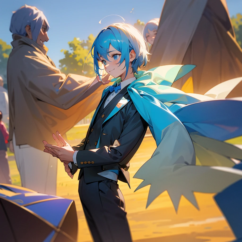 A scene of a friendly man wearing a blue consul outfit, surrounded by people who admire and respect him. He stands in the center, exuding warmth and approachability, with a welcoming smile on his face. The background features a community event in a cozy park, with families and friends gathered together. People of different ages and backgrounds are around him, some engaging in conversations, others offering small tokens of appreciation, and a few children giving him high-fives, showcasing their admiration and affection for his supportive and kind nature.