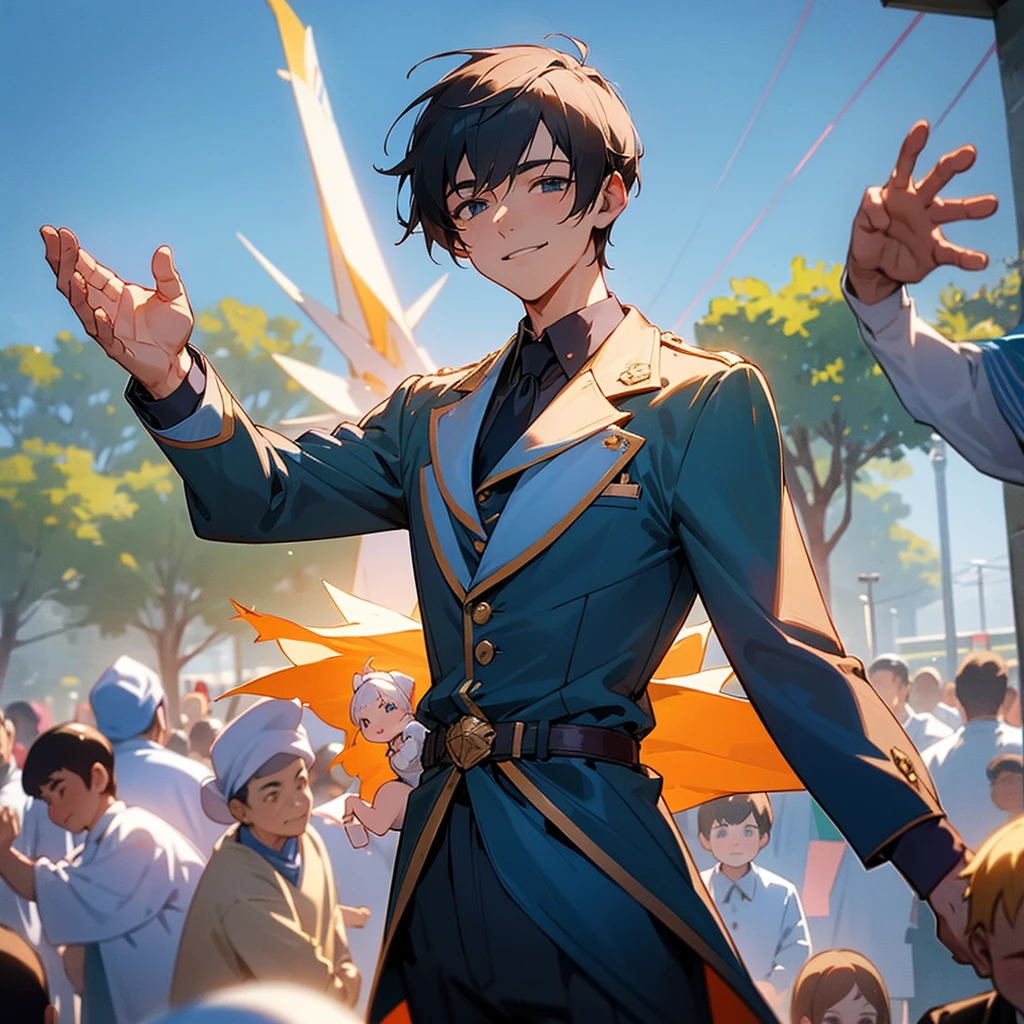 A scene of a friendly man wearing a blue consul outfit, surrounded by people who admire and respect him. He stands in the center, exuding warmth and approachability, with a welcoming smile on his face. The background features a community event in a cozy park, with families and friends gathered together. People of different ages and backgrounds are around him, some engaging in conversations, others offering small tokens of appreciation, and a few children giving him high-fives, showcasing their admiration and affection for his supportive and kind nature.