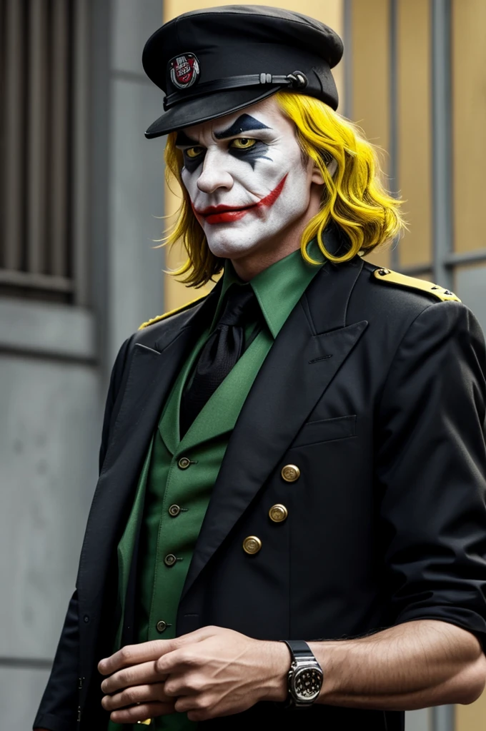 Joker from Heat ledger but a big boss style colonel version,with a beret and yellow hair and a completely black suit 