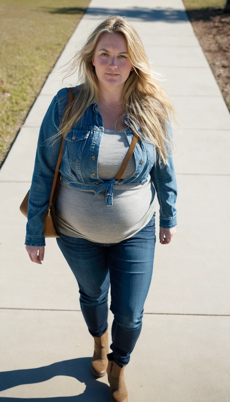 Fat woman, 40 years old white Caucasian woman walking outside, day time, Mississippi, Gulfport, cold winter day, long straight blonde messy hair, casually and daily dressed, big hips, thick thighs, casual winter clothed, natural big breasts, Full Body Shot, From Above View, High Angle View, selfie, serious, close up selfie point of view, acne face
