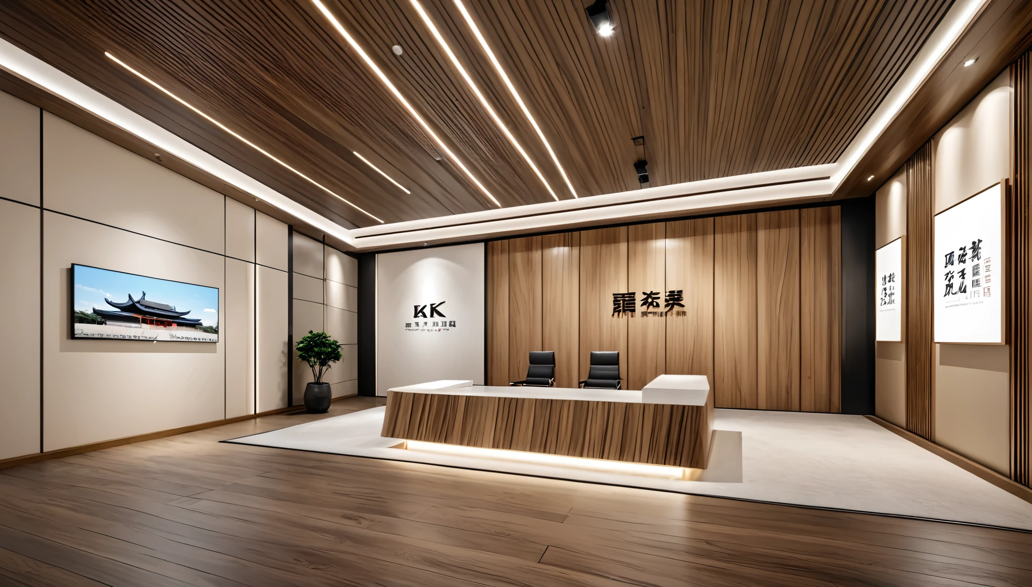8K, real, (realistic:1.2), exhibition, exhibition hall, background wall, company entrance, front photo, 24mm wide-angle lens, wood grain, metal, leather style, modern chinese style，(light tone:1.1)