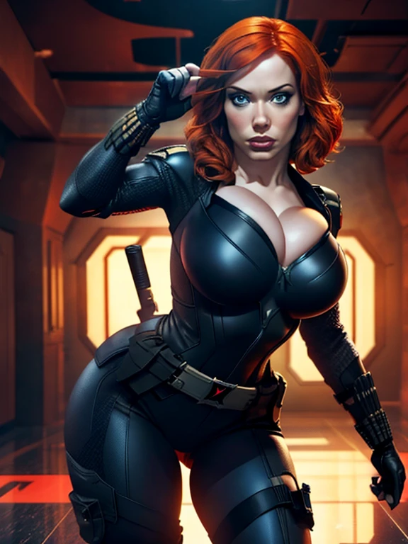 Create a dynamic 4K resolution full body portrait of Christina Hendricks as the character of Black Widow, the fierce Marvel superheroine. Visualize Christina Hendricks as Black Widow with her striking features: her short orange wavy hair. Her bright blue eyes, sharp and focused, should reflect her unwavering determination and strategic mind. She is 48 years old. Include Christina's sculpted cheekbones and slight wrinkles around the face. High-quality facial research of Christina Hendricks. Include Christina Hendricks large breasts. High-quality detailed research of Christina Hendricks voluptuous figure. Dress Christina Hendricks in the iconic Black Widow black tactical suit, with a huge bust the suit, featuring intricate details such as reinforced armor, gun holsters, utility belts, boots and the red hourglass symbol on her belt. The suit is so tight that Christina Hendricks breasts barely fit in it. The suit should appear sleek and functional, emphasizing her agility and combat prowess. Set the scene against the backdrop of a high-tech, futuristic environment, perhaps a S.H.I.E.L.D. headquarters or a cityscape at dusk, with neon lights casting dramatic shadows. Include elements such as holographic displays or glimpses of advanced technology to enhance the modern, action-packed atmosphere. The color palette should be dark and intense, with shades of black and deep reds, contrasted by the cool blues and silvers of the high-tech background, highlighting Black Widow's stealthy and formidable presence. Black Widow's expression should convey a blend of determination, focus, and a hint of vulnerability, capturing her complex character. Her gaze should be piercing and resolute, embodying her role as a master spy and a skilled combatant. This portrait aims to portray Christina Hendricks playing the role as the fictional character of Natasha Romanoff/Black Widow, capturing her iconic features and the high-stakes, action-packed world she inhabits in the Marvel universe