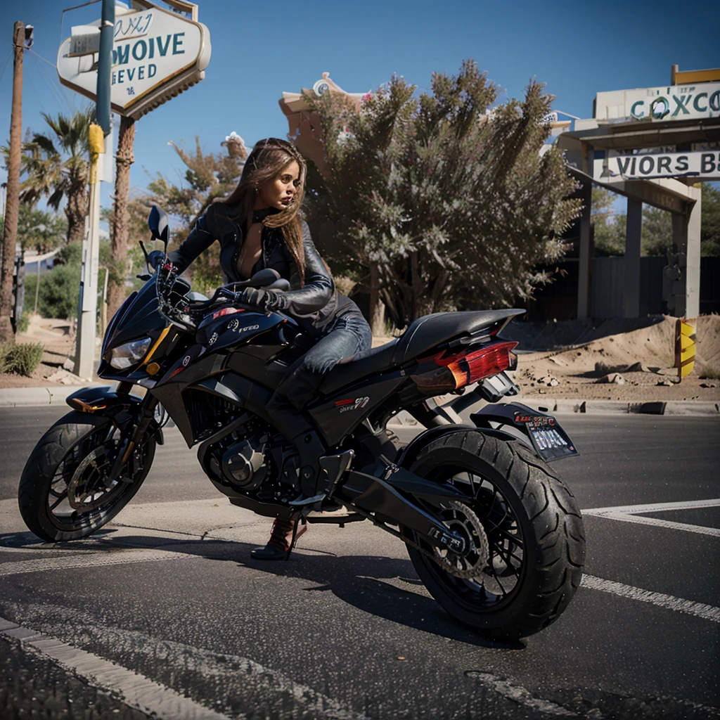 Explosive black 30 years woman, riding a honda cbr motorcycle, wavy hair loose in the wind, Las Vegas road background.