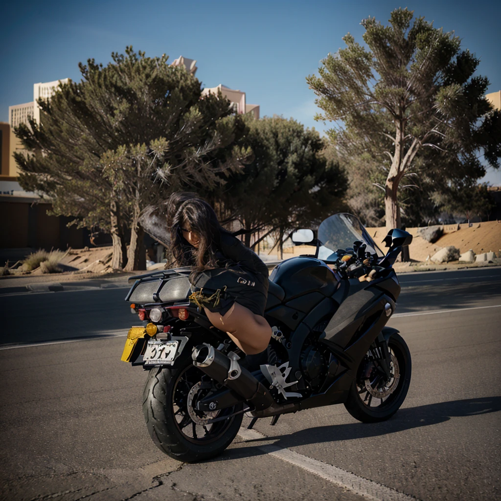 photo of Alexa Bliss abliss, naked, close up low shot, recklessly riding a dirt bike through a busy city street while evading the squadron of cop cars chasing her, hot pursuit, action shot, cinematic angles, determined face, chase scene, shot for imasx