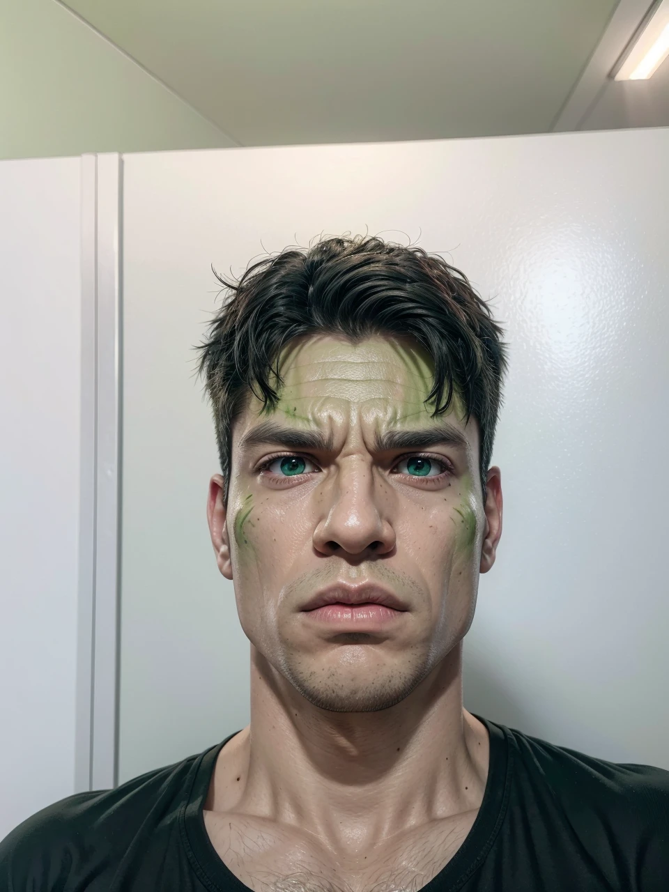 transform this image hulk style, with hulk features, green skin color, green eyes, realistic full hd detailed hulk style