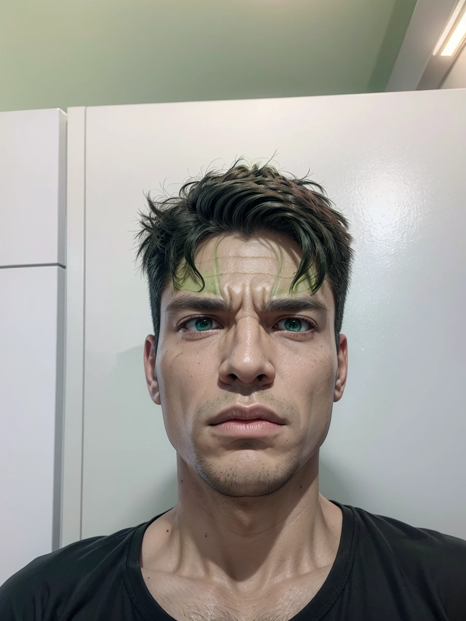 transform this image hulk style, with hulk features, green skin color, green eyes, realistic full hd detailed hulk style