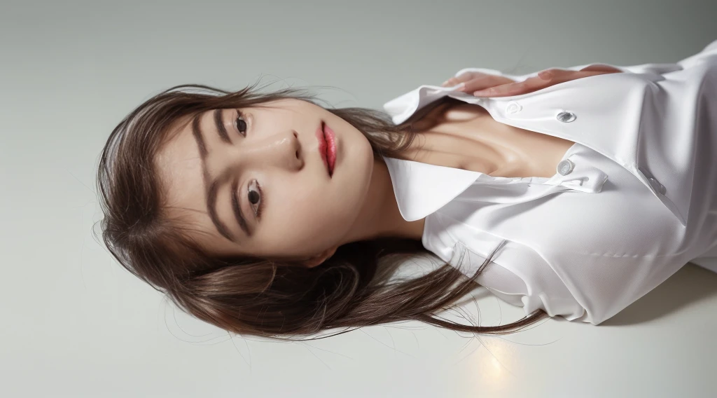 Best Quality, 8k, Masterpiece, (Portrait: 1.3), (photo realistic:1.4), (hyper realistic:1.4), Sharp Focus, looking at viewer, (smoother lighting:1.1), (increase cinematic lighting quality:0.9), realistic lighting, backlighting, light on face, ray trace, (brightening light:1.2), (Increase quality:1.4), sharp detail, (best quality real texture skin:1.4), finely detailed eyes, black_eyes, finely detailed face, 25 year old Korean woman, (white formal_shirt:1.4), (Create an image maintaining the original base model hairstyle:1.5)