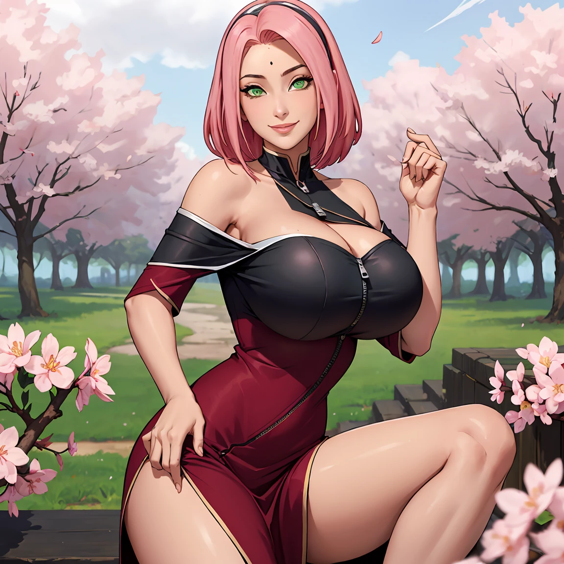 (((sexy off shoulder dress))), Masterpiece， The best quality at the best， 1girll， Sakura Haruno， (((huge breasts)))，((bare shoulders))，（((((neckline)))))，（Closeup of upper body)，sexy，is shy，smile，with pink hair， Long whitish hair， （green eyes:1.4)， forehead protection， the cherry trees，cherry blossoms flying, ((((busty figure)))), :1.1, :1.1, Ahegao:1.1,(Huge big  ),Half zipper, showing her big tits, looking at the viewer, Beautiful eyes, sexy seductive smile, sensual beauty, GIRL sole, perfect tits