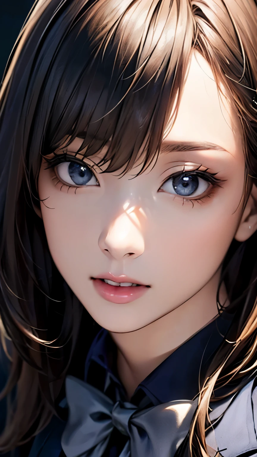 (hig彼st quality、8k、32k、masterpiece)、(Realistic)、(Realistic:1.2)、(High resolution)、Very detailed、Very beautiful face and eyes、1 girl、Delicate body、(hig彼st quality、Attention to detail、Rich skin detail)、(hig彼st quality、8k、Oil paints:1.2)、Very detailed、(Realistic、Realistic:1.37)、Bright colors、Full Body Shot, ((high school girl:1.6, Navy Blazer:1.6, Navy pleated mini skirt)), (Closed blazer, Grey bow tie, White collared shirt, Black thigh-high socks)