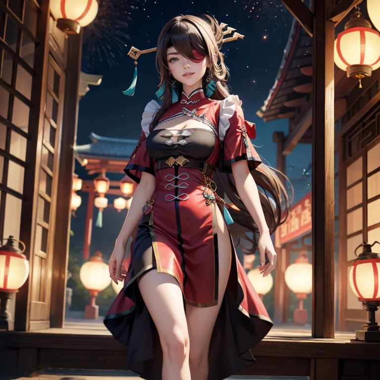 Beidou_(genshin impact), 1girl, ornament hair, perfectly body, perfectly hands, wave hair, brown hair, long hair, maid, maid dress, maid headdress, maid apron, garden, temple, shrine, outside, Chinese festival scenery, gold lantern, Chinese lantern, fireworks, red dress, more details on her clothes, golden details, night, smiling, cute face, Best quality, cleavage, skirt, full Body, solo, alone