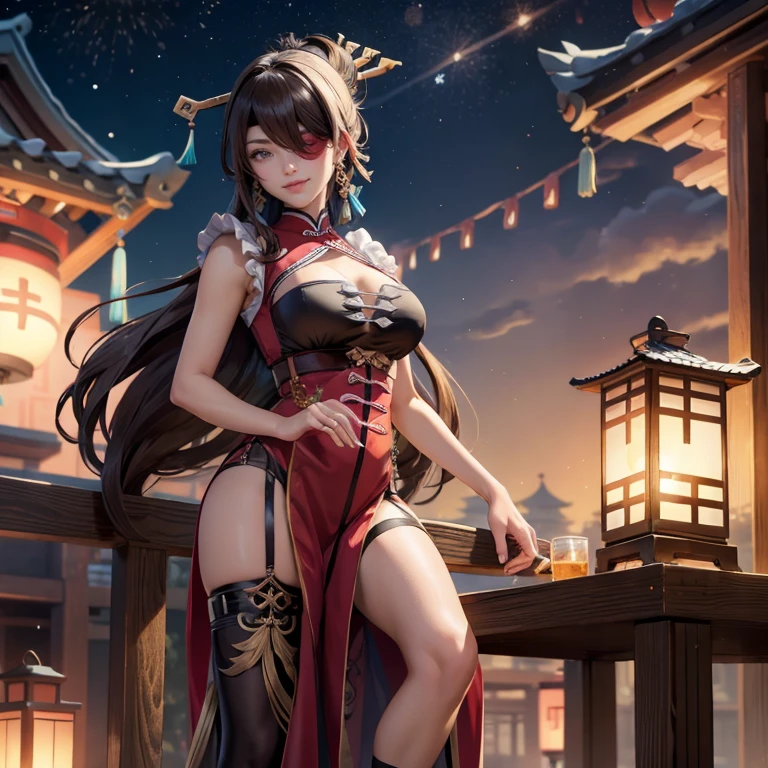 Beidou_(genshin impact), 1girl, ornament hair, perfectly body, perfectly hands, wave hair, brown hair, long hair, maid, maid dress, maid headdress, maid apron, garden, temple, shrine, outside, Chinese festival scenery, gold lantern, Chinese lantern, fireworks, red dress, more details on her clothes, golden details, night, smiling, cute face, Best quality, cleavage, skirt, full Body, solo, alone