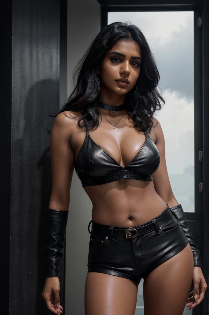 (masterpiece:1.3), ultra detailed, ultra high res, (realistic, photo realistic:1.37), high detail RAW color photo, professional photograph, (1 Indian fat girl, hot model, 18-years-old), with a perfect body, super fine face and eyes, bra and panty ((view the viewer)), (shoulders exposed), ((black medium hair slicked to the side, extremely detailed)), ((dressed in a bondage made of chain:1.5)), (all intimate places on are covered with chain mail:1.43), ((large full breasts:1.1)), ((Whitens skin, slim face)), ((Ultra-detailed face)), The attention to detail, Double eyelids, (Erotic:1.5), (sits chained to ((torture chair with stud)))