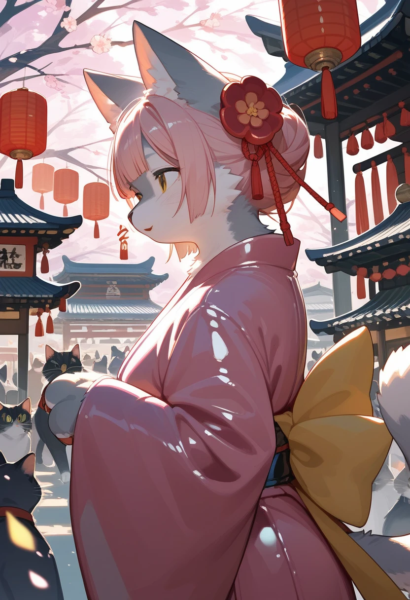 Highest quality, Highest quality, High quality illustrations, masterpiece, Ultra-high resolution, Detailed Background, Kyoto, Festivals, Absurd, Perfect Anatomy, performance, Good lighting, Shadows in the movies(kemono, Furry PersonifiCation), Cat, Pink Kimono, latex, rubber, From the side