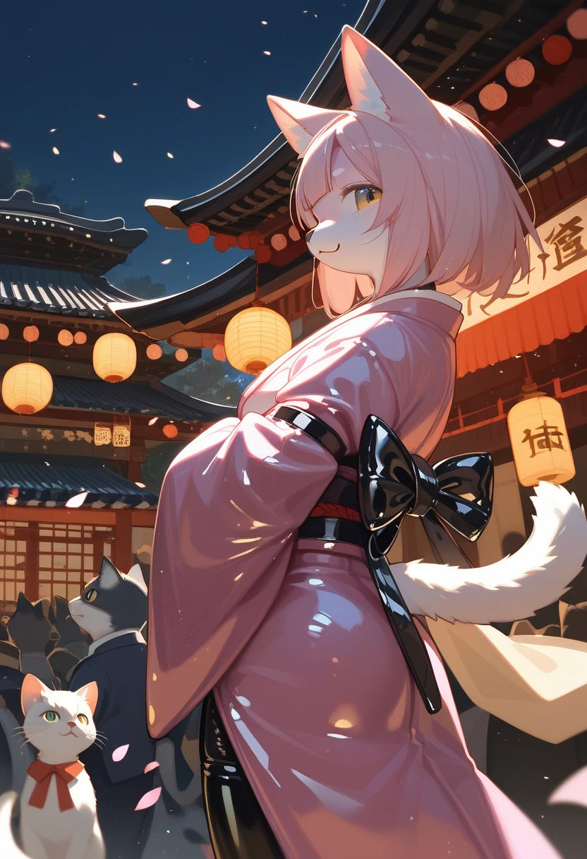 Highest quality, Highest quality, High quality illustrations, masterpiece, Ultra-high resolution, Detailed Background, Kyoto, Festivals, Absurd, Perfect Anatomy, performance, Good lighting, Shadows in the movies(kemono, Furry PersonifiCation), Cat, Pink Kimono, latex, rubber, From the side, Show your ass