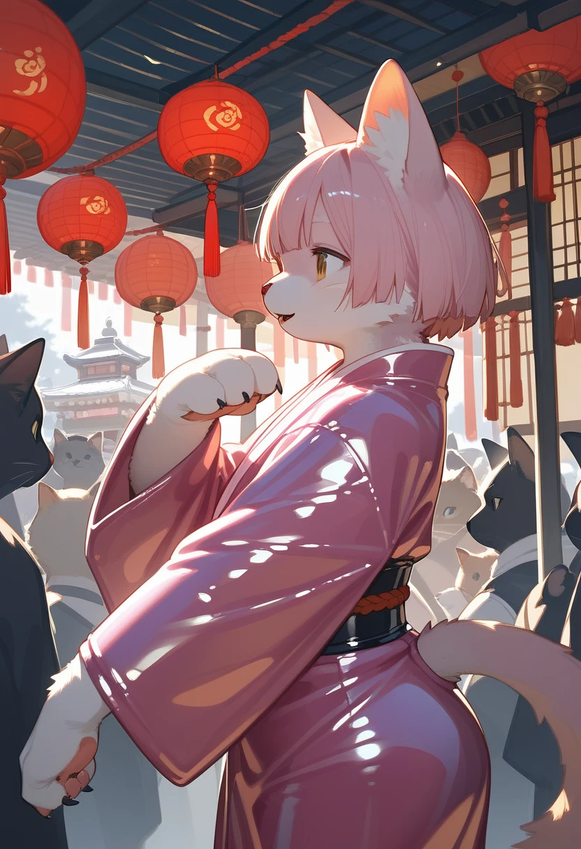 Highest quality, Highest quality, High quality illustrations, masterpiece, Ultra-high resolution, Detailed Background, Kyoto, Festivals, Absurd, Perfect Anatomy, performance, Good lighting, Shadows in the movies(kemono, Furry PersonifiCation), Cat, Pink Kimono, latex, rubber, From the side