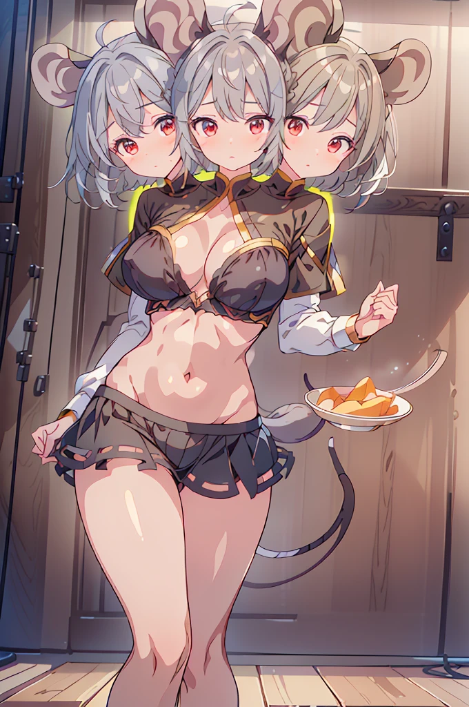 (masterpiece, best quality), best quality, (ultra-detailed), ((3heads:1.5)), 1girl, (nazrin:1.3), masterpiece, best quality, ultra quality, ultra resolution, ultra detail, brownish-black top, crop top, ((stomach)), midriff, ((groin)), brownish-black skirt, normal ears, shackles, grey hair, short hair, bob cut hair, sidelocks, brown eyes, very detailed eyes, parted lips, sweat, cute, toned belly, hand on own chest, eyelashes, (24 year old woman:1.3), (masterpiece:1.5), (best quality:1.5), (beautiful detailed), extremely detailed CG, extremely delicate and beautiful, depth of field, (finely detailed face), (perfect details:1.3), (mature female:1.3), wide pelvis, slender, large veiny breast, 16k resolution, highres, high quality, high definition, extremely detailed, masterpiece, grey hair, long hair, alluring presence, braid, short skirt, close up, very big tits, huge tits, young, mouse ears, mouse tail, girl with three heads, three headed girl, ((same hair color)),
