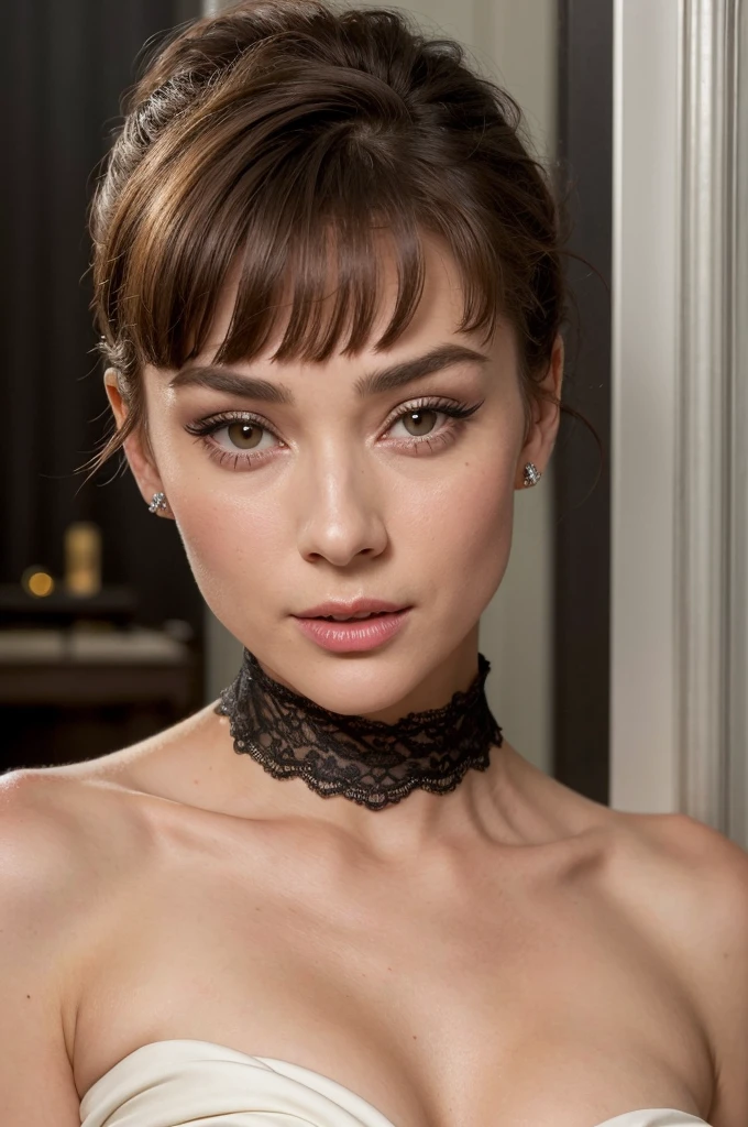 ((best quality, exceptional visual quality)), ((better skin texture, premium material)), ((upper body portrait, risqué photoshoot)), (a hollywood starlet, similar to audrey hepburn, sex symbol darling), the actress who got the role of holly golightly for the softcore porn version remake of "breakfast at tiffany's" because of her good looks reminiscent of audrey hepburn, she even got the haircut to match, short hair, short blunt bangs, vellus hair, (eye makeup, eyeliner), strapless bustier, expertly portraying the character of holly golightly but with elements of fanservice that is bordering on being softcore porn