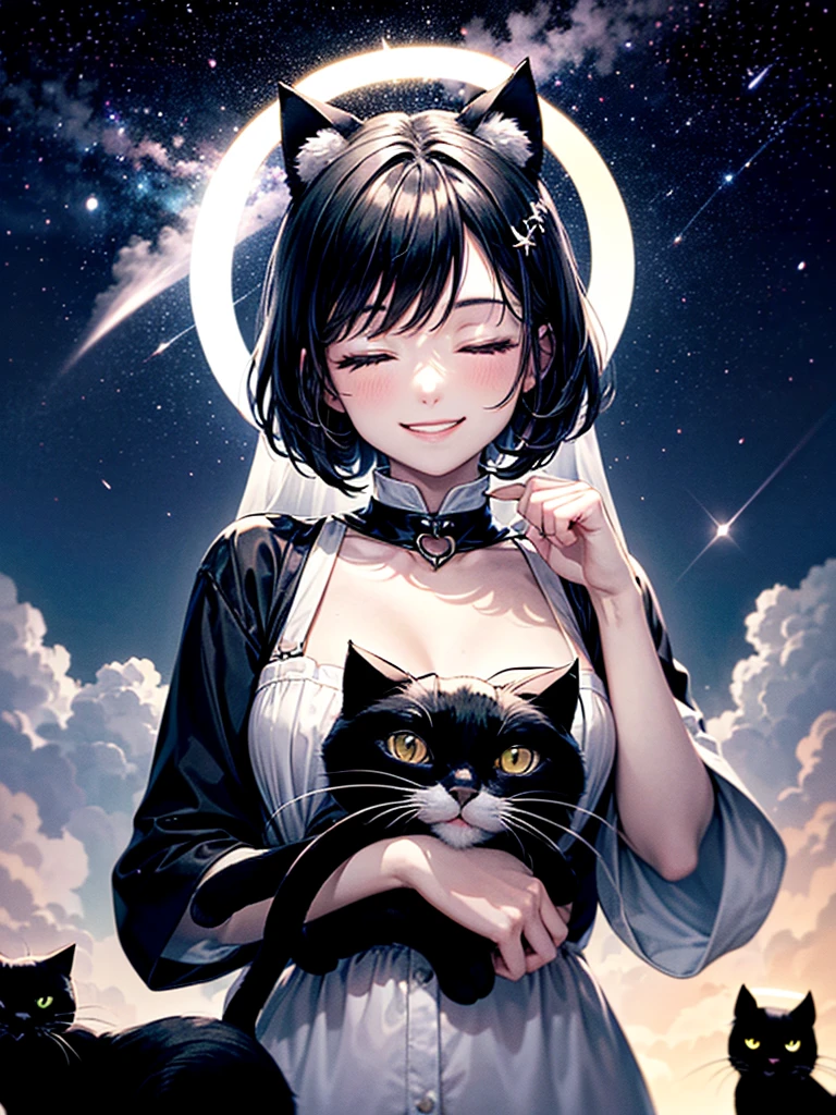 Highest Resolution,Highest quality,Beautiful girl with a smile and her eyes closed, with her hands on her chest,Night Sky,meteor,Starry Sky,In the sky１Animal(((Illusion of a black and white cat with a halo))),