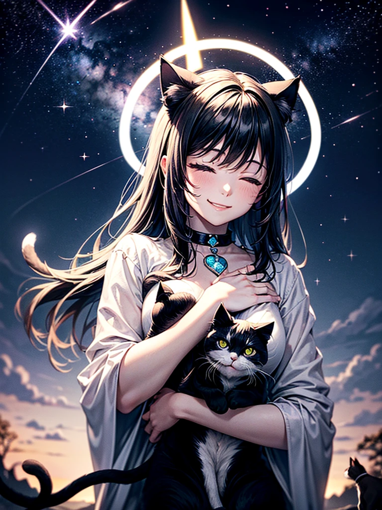 Highest Resolution,Highest quality,Beautiful girl with a smile and her eyes closed, with her hands on her chest,Night Sky,meteor,Starry Sky,In the sky1Animal(((Illusion of a black and white cat with a halo))),