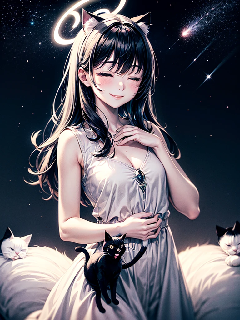 Highest Resolution,Highest quality,Beautiful girl with a smile and her eyes closed, with her hands on her chest,Night Sky,meteor,Starry Sky,In the sky1Animal(((Illusion of a black and white cat with a halo))),