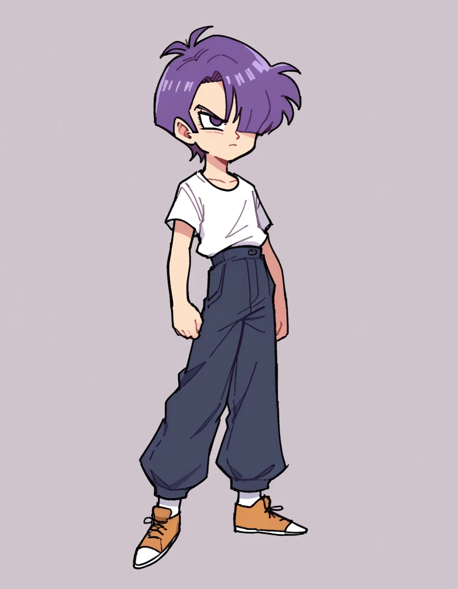 ,stkyswt, zPDXL, score_9, score_8_up, score_7_up, source_anime, BREAK sketch, flat color, 1guy, solo, purple eyes, vivziepop, full body, lineart, dragon ball, baggy plack pants, hair over one eye, purple hair, blue eyes