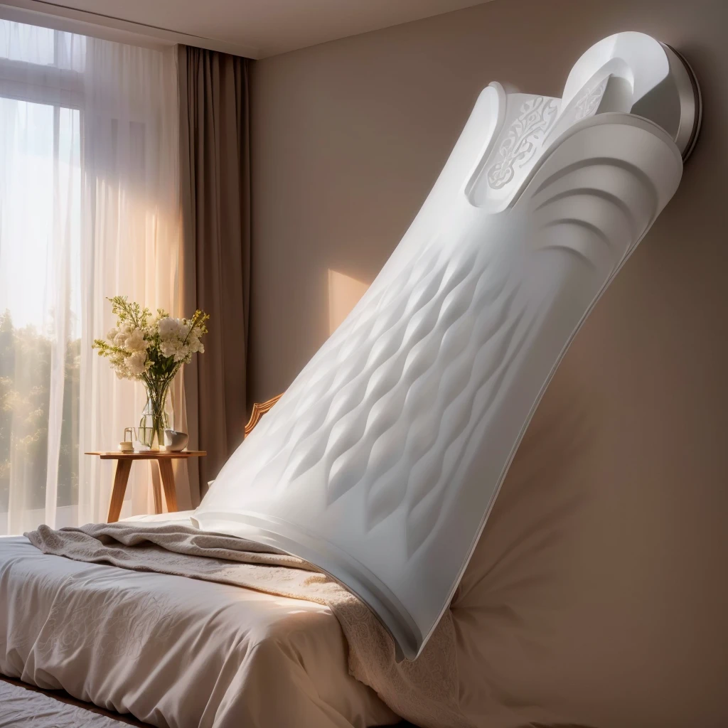 There is a large white object on the wall above the bed, Bottom Angle, Oblique view, Fine details, Angle shot, Glossy white, Angle View, Near Angle, grace, Fine texture, Nice design, right Oblique view, dynamic Angle shot, Ease of use, crisp smooth lines, Dramatic Mood, Grand design, Delicate and meticulous, Incredible quality bedroom scene