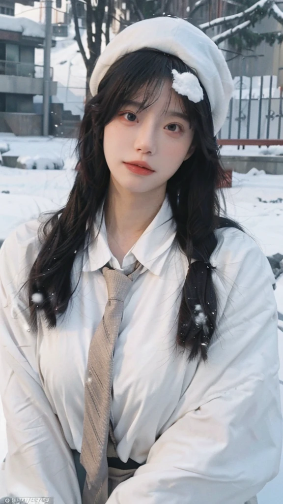 Best quality,masterpiece,Ultra-high resolution,snow,16K,Snow background,(Photo Realism:1.4),1 Girl,JK,Sexy,(Shirt and Tie:1.2),(Big breasts:2.3),(Upper body:1.4)