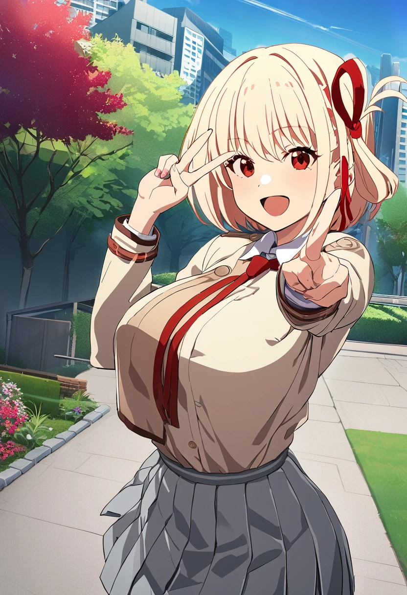 masterpiece, Highest quality, One girl, game cg  nishikigi chisato, Bobcut, Hair Ribbon, 、White collared shirt blouse, Red tie ribbon, Grey pleated skirt with long sleeves, Large Breasts, garden, null, Cityscape, Wink, Are standing, Finger V, Open your mouth, Happy, smile、