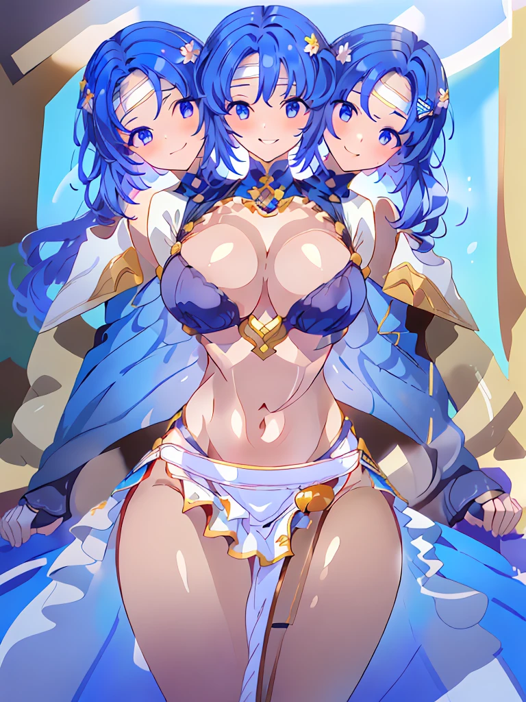 (masterpiece, best quality), best resolution, (3heads:1.5), 1girl, dark blue hair, fingerless gloves, smiling, soft smile, open belly, white-blue crop top, blue-white miniskirt, open breasts, huge tits, sexy pose, hair length until shoulders, headband,
