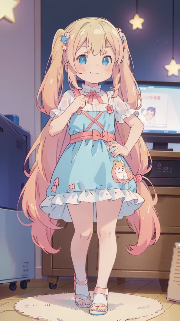 ((masterpiece))((Highest quality))girl、Smirk、blush、Flat Chest、Are thin、Blonde Hair、blush、Are standing、Whole body image、Eye level to the feet、front、No background、真frontのアングル、Blue clothes、Two-tone red and blue hair、Twin tails、Red Alice outfit