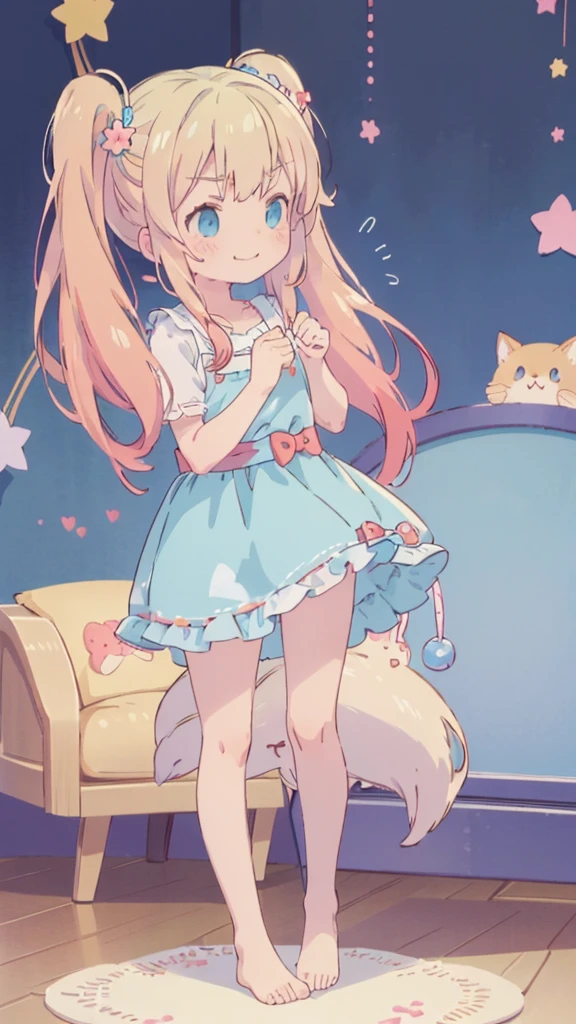 ((masterpiece))((Highest quality))girl、Smirk、blush、Flat Chest、Are thin、Blonde Hair、blush、Are standing、Whole body image、Eye level to the feet、front、No background、真frontのアングル、Blue clothes、Two-tone red and blue hair、Twin tails、Red Alice outfit