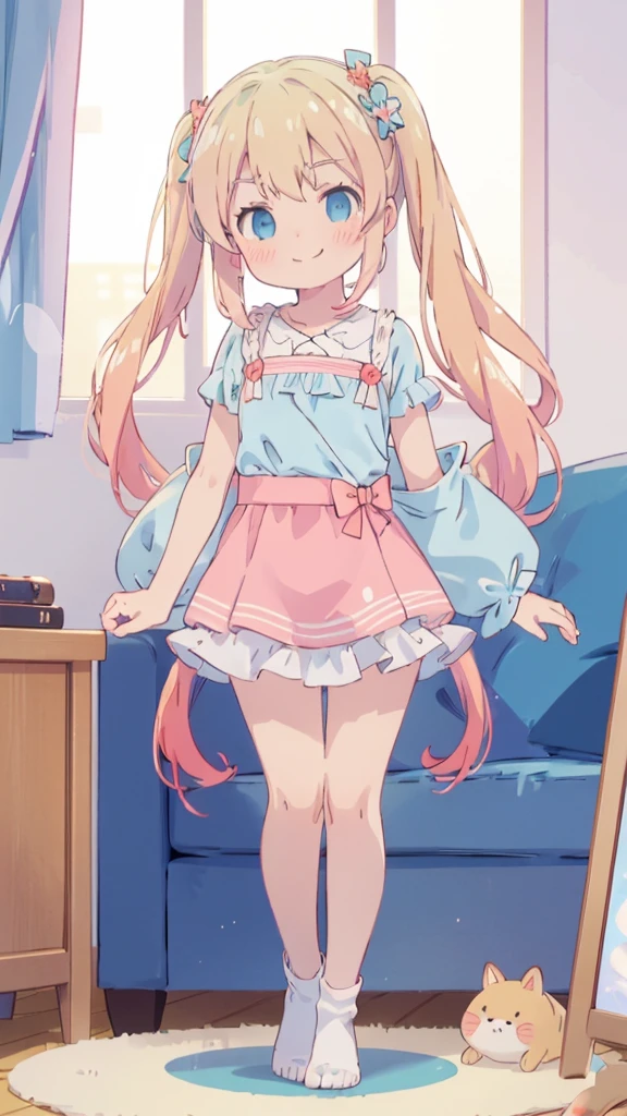 ((masterpiece))((Highest quality))girl、Smirk、blush、Flat Chest、Are thin、Blonde Hair、blush、Are standing、Whole body image、Eye level to the feet、front、No background、真frontのアングル、Blue clothes、Two-tone red and blue hair、Twin tails、Red Alice outfit