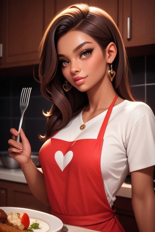Tall hispanic woman with expressive hazel eyes and long wavy dark brown hair; warm olive skin;  hourglass build; ("heart-shaped-face" with full lips); ample bosom; wearing casual clothes; best quality; trending on artstation; dark room with complex volumetric lighting; strong shadows; artistic lighting; dynamic; energetic vibe; realistic skin; specular highlights; micro-textures; highly detailed hair; cooking dinner at home in a high-tech kitchen