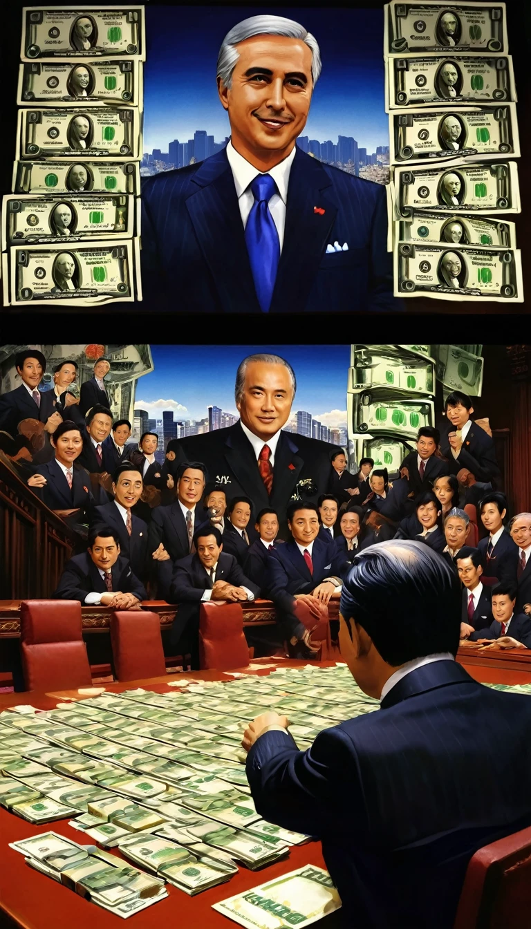 Create an illustration representing the current political landscape of Japan, focusing on themes of corruption, bribery, and collusion. The scene should depict a dark, shadowy room where politicians are gathered around a table filled with money and documents, some shaking hands under the table. In the background, there should be a puppet master controlling the politicians with strings, symbolizing unseen influences and power. The atmosphere should be tense and ominous, with dim lighting highlighting the sinister expressions and actions of the characters