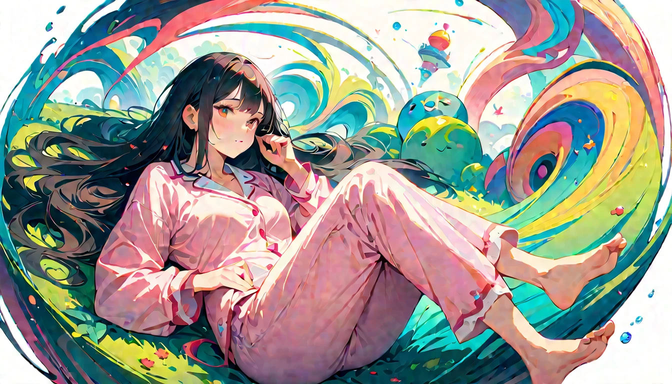 20-year-old,One mature woman,Surreal, 8k, (extremely detailed 8k), (Very delicate and beautiful), (masterpiece), (Better Quality:1.0), (Ultra-high resolution:1.0), (masterpiece, Highest quality),cute,Black Hair,Long Hair,whole body,White Background,Realistic Skin,pajamas,lie on one&#39;s stomach,Wicked Smile