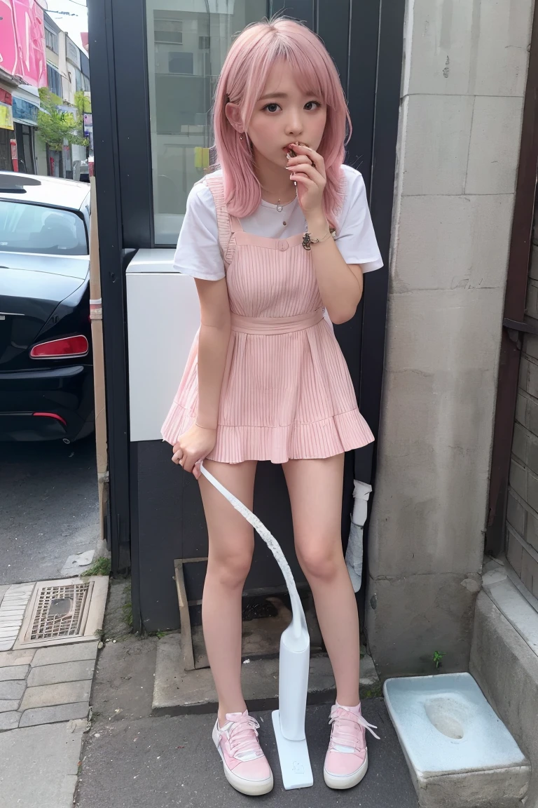 Cute pink hair、Girl in a cute dress、A girl goes to the toilet、avert your eyes、Are standing、Embarrassing、blush、Shut your mouth.、Street(A girl is peeing:1.7)、mini skirt