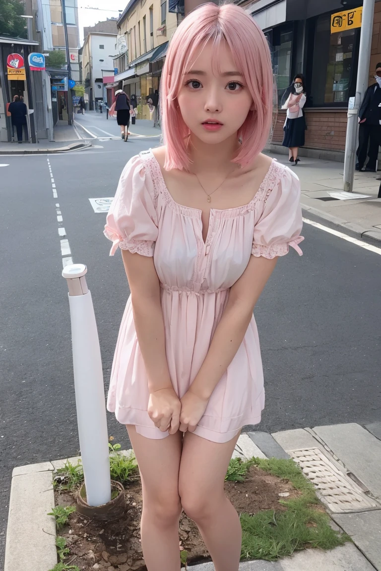 Cute pink hair、Girl in a cute dress、A girl goes to the toilet、avert your eyes、Are standing、Embarrassing、blush、Shut your mouth.、Street(A girl is peeing:1.7)、mini skirt