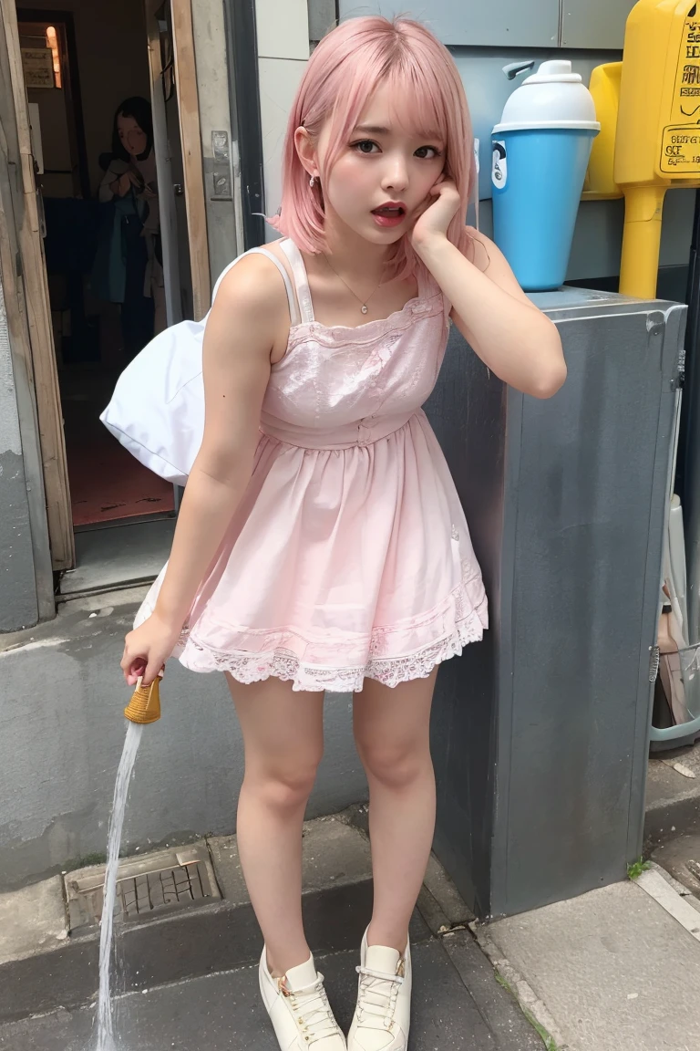 Cute pink hair、Girl in a cute dress、A girl goes to the toilet、avert your eyes、Are standing、Embarrassing、blush、Shut your mouth.、Street(A girl is peeing:1.7)、mini skirt
