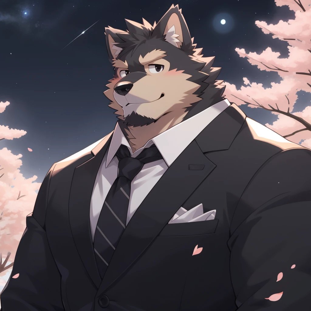 Scribble 德国牧羊dog face,Humanity(dog),(Formal wear:1.3),Muscular,(Brown eyebrows:1.1),(Close one eye:1.2),(Perfect black eyes),Cherry blossoms,Black fur,Night Sky,(artist:Takemoto Arashi)